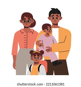 Happy black indian family with son and daughter. Parents hugging children. Flat vector illustration isolated on white background