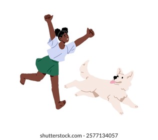 Happy black kid has fun, plays with her cute dog. Funny child runs with puppy together, hands up for joy. Little girl strolls, walks amusing pup. Flat isolated vector illustration on white background