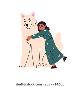 Happy black kid hugs big fluffy dog. Cute little girl loves, embraces puppy. Child in dress cuddles doggy, has fun with pet, domestic animal. Flat isolated vector illustration on white background