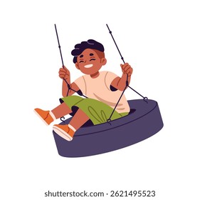 Happy black kid laughing, rides on tire swings. Cute kid sits, has fun on hanging on rope rubber tyre on playground. Funny child plays outdoors. Flat isolated vector illustration on white background