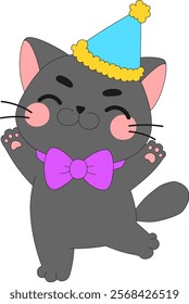 Happy Black Kitten Celebrating New Year Cartoon Illustration