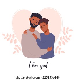 Happy black LGBT family.  Sweetheart ethnic gay couple hugging. Vector illustration. Flat cartoon style valentine card I love you with romantic Homosexual man couple, LGBT pride, holiday card
