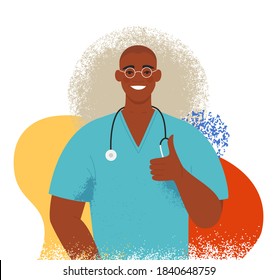 Happy black male doctor showing a thumb up gesture and smiling. Afro american professional surgeon in uniform with a stethoscope. Isolated flat vector illustration on a colorful abstract background