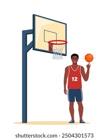 Happy black man basketball player in uniform with ball on the basketball court. Vector illustration