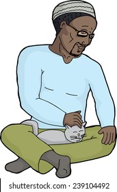 Happy Black man with beard petting cat in his lap