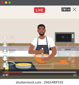 Happy black man cooking dishes in the kitchen on a live stream. Flat vector illustration isolated on white background