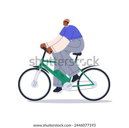 Happy black man cycling, enjoying bicycle travel. Person riding bike, eco-friendly green transport. Young smiling guy cyclist, side view. Flat vector illustration isolated on white background.