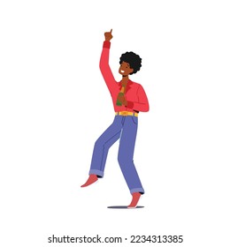 Happy Black Man Drink Beer and Dance on Party. Cheerful Young Male Hipster Character in Casual Clothes Holding Bottle and Moving Body Isolated on White Background. Cartoon People Vector Illustration