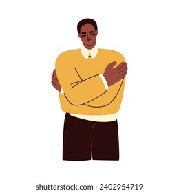 Happy black man embracing himself. Self-hug of own body, acceptance. Ego, proud, egoism, care, respect and love, psychology mental concept. Flat vector illustration isolated on white background