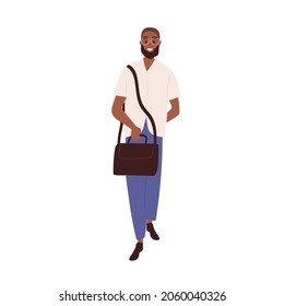 Happy black man full-length portrait. Modern young bearded person in glasses. Smiling African-American guy in casual clothes walking with bag. Flat vector illustration isolated on white background