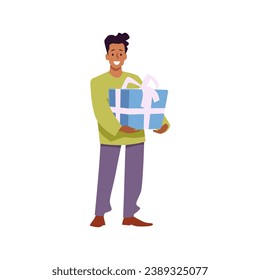 Happy black man with gift box, cartoon flat vector illustration isolated on white background. Person giving or receiving present. Holiday celebration.
