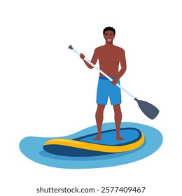 Happy black man holds a paddle in his hands and stands on a sup board. Summer active rest on the sea or river. Sup boarding.