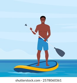 Happy black man holds a paddle in his hands and stands on a sup board. Summer active rest on the sea or river. Sup boarding.