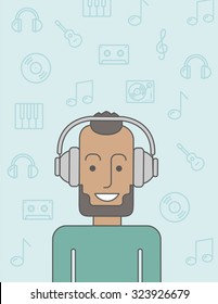 Happy black man listening to music with headphone. Vector line design illustration. Vertical layout with a text space.