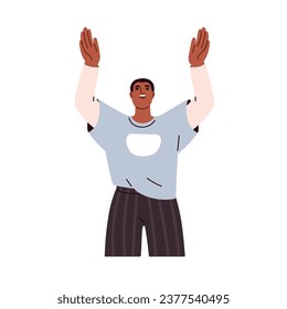 Happy black man looking up with hands gesture, arms up. Smiling excited person asking god, praising, thanking. Watching with wow emotion. Flat graphic vector illustration isolated on white background