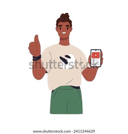 Happy black man with mobile phone, video app in hand. Guy showing smartphone screen, recommending, approving online channel with thumb up. Flat graphic vector illustration isolated on white background
