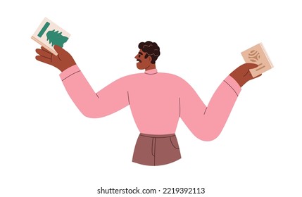 Happy black man reader holding paper books in hands, choosing literature to read. Modern young African-American person taking fiction novels. Flat vector illustration isolated on white background