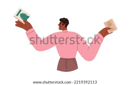 Happy black man reader holding paper books in hands, choosing literature to read. Modern young African-American person taking fiction novels. Flat vector illustration isolated on white background