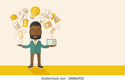 A happy black man standing enjoying doing multitasking, working on different project from his home to office only by himself. Self-reliance concept. A Contemporary style with pastel palette, soft