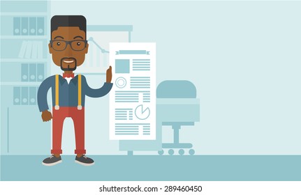 A happy black man standing inside his office showing his complete paper works report on time. Achievement concept. A Contemporary style with pastel palette, soft blue tinted background. Vector flat