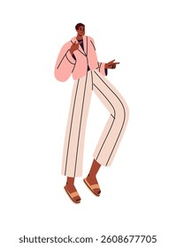 Happy black man in stylish suit dances. Fashion dancer performs at the party. Joyful performer rejoices, moves with music, has fun, celebrates success. Flat isolated vector illustration on white