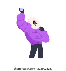 Happy black man throwing snowball outdoors on winter holiday. Young adult person holding snow ball in arm. Wintertime fun, entertainment. Flat graphic vector illustration isolated on white background