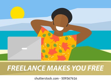 Happy black man working on a laptop, freelancer on the beach working on a computer, flat design vector illustration