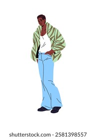 Happy black model in fashion clothes is posing. Young African American man is wearing stylish jeans, patterned shirt. Trendy person stands. Flat isolated vector illustration on white background