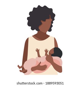 Happy Black Mom With A Baby In Her Arms After Childbirth. The Joy Of Motherhood. Love And Care For Children. Mother's Day. Isolated Vector Illustration.