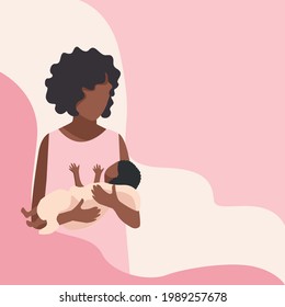 Happy Black Mom With Baby In Her Arms After Childbirth. The Joy Of Motherhood. Love And Care For Children. Mother's Day, Vector Illustration On Abstract Minimalistic Background.