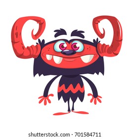 Happy black monster character with big horns and red face. Vector illustration. Design for print, mascot, icon or sticker