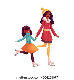 Happy black mother and daughter ice skating together, cartoon vector illustrations isolated on white background. African American mother and daughter ice skating, talking, having fun, winter activity