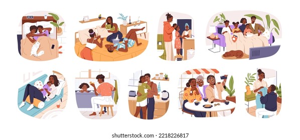 Happy black people, lifestyle scenes set. African-American families, couples, kids characters relaxing, resting at leisure, on holiday, weekend. Flat vector illustrations isolated on white background