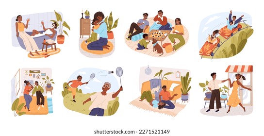 Happy black people, lifestyle scenes. Family set with mom, dad, kids. Characters in cartoon style. African-American couples, kids relaxing, resting at leisure, at home together, on holiday, weekend