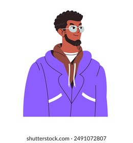 Glückliche schwarze Person mit Bart Avatar. Gesicht des stilvollen Kerl mit Sonnenbrille für Benutzerprofil. Positiver junger Afroamerikaner lächelt Porträt. Flache isolierte Vektorillustration auf weißem Hintergrund