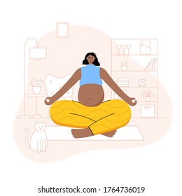 Happy black pregnant woman performs a lotus yoga pose at home in her room. Adult black female cartoon character. Flat vector illustration. Healthy lifestyle and pregnancy concept for poster and banner