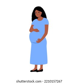 Happy black pregnant woman standing character in flat design on white background.