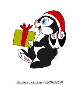 Happy black rabbit holding present box for celebration party. Rabbit as a symbol of 2023 Chinese New Year. Cartoon bunny or hare in santa hat. New year art for kids. Chinese new year of the rabbit.