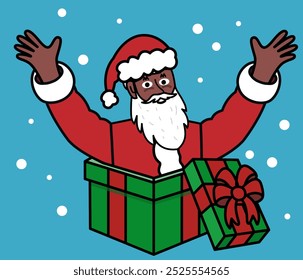 happy black santa claus coming out of a gift making surprised gesture, christmas concept