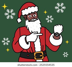 Happy black Santa Claus pointing with finger at his wrist watch, Christmas background