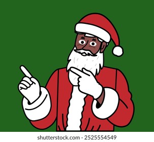 happy black santa claus pointing with finger at upper corner