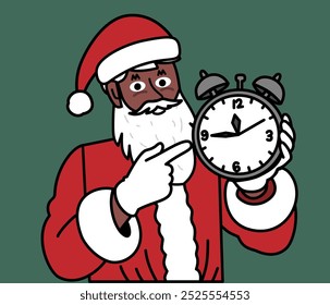 Happy black Santa Claus pointing his finger at an alarm clock