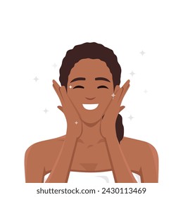 Mujer feliz negra satisfecha que muestra la piel facial perfecta. Ilustración vectorial plana 