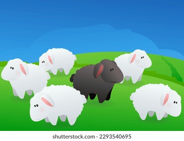 Happy black sheep among white sheep grazing in a green field under a blue sky (cartoon)