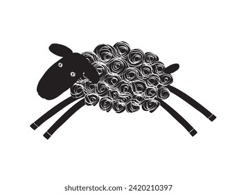 Happy Black Sheep Isolated on a White Background. Funny Farm Animal. Cute Little Black Lamb. Hand Drawn Vector Illustration with Funny Running Ewe. Nursery Print with Lovely Sheep ideal for Wall Art.