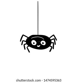 Happy black spider with smile hanging, sketch doodle cartoon vector illustration. Isolated on white background.