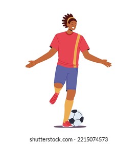 Happy Black Sportsman Soccer Player Win, Celebrate Victory and Goal. Male Character In Red Football Sportswear Run with Ball and Outspread Arms, Sport Success. Cartoon People Vector Illustration