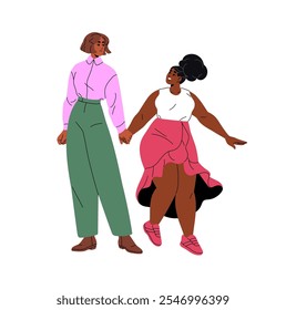 Happy black tall and plump girls hold hands and walk together. Slim and fat friends, sisters have fun, stroll. Friendship of diverse young women. Flat isolated vector illustration on white background