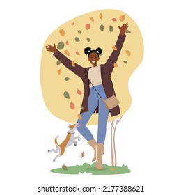 Happy Black Teen Girl Spend Time with Pet Outdoors at Autumn Weather Throwing and Fun with Fallen Leaves. Young Female Character Walk with Dog in Park, Relax with Animal. Cartoon Vector Illustration