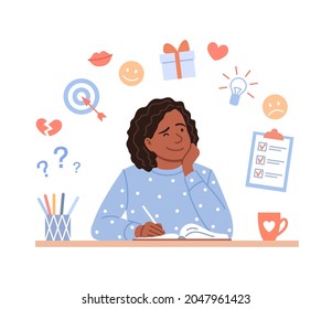 Happy black teenage girl writes diary concept. Young flat sitting afro girl portrait plans in organizer, draws creative pages or journal, writes plan, aims, ideas, notes. Cartoon vector illustration.